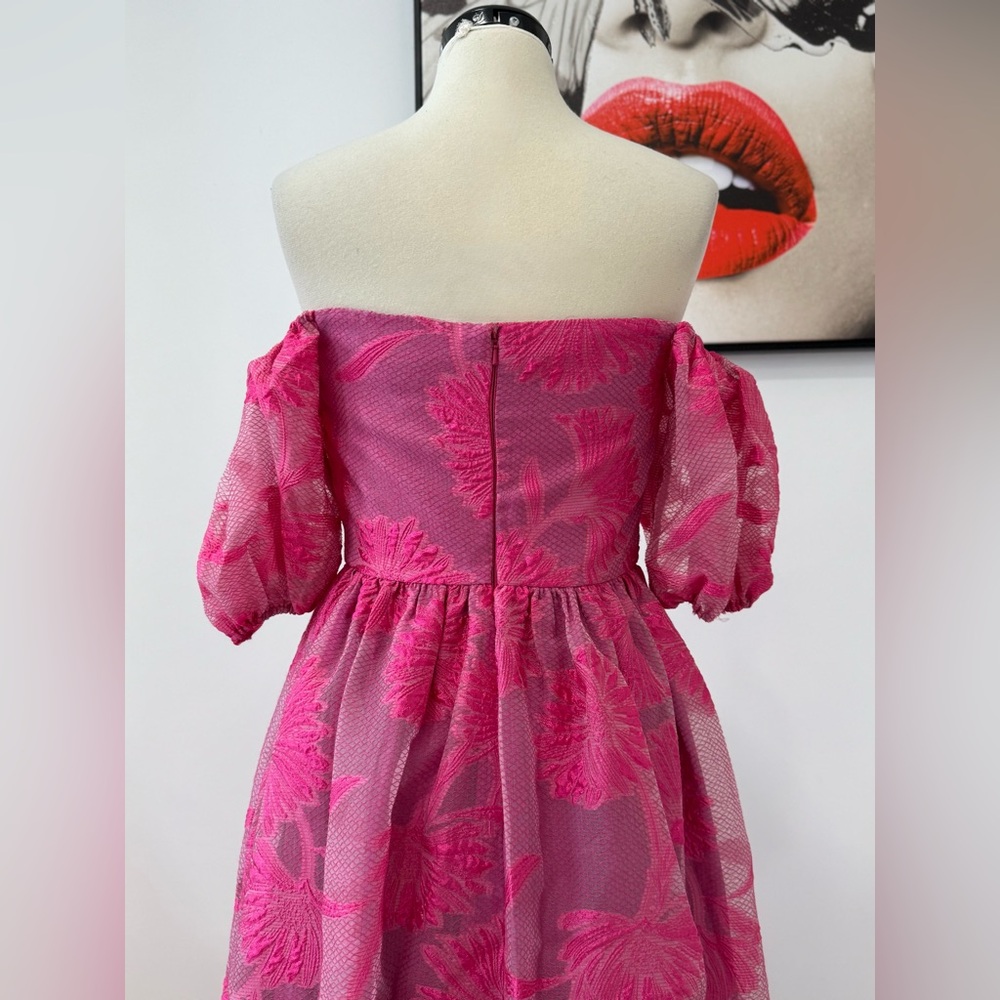 ML Monique Lhuillier Organza Jacquard Off-Shoulder Gown Floral Pink Maxi Dress - Picture 11 of 16